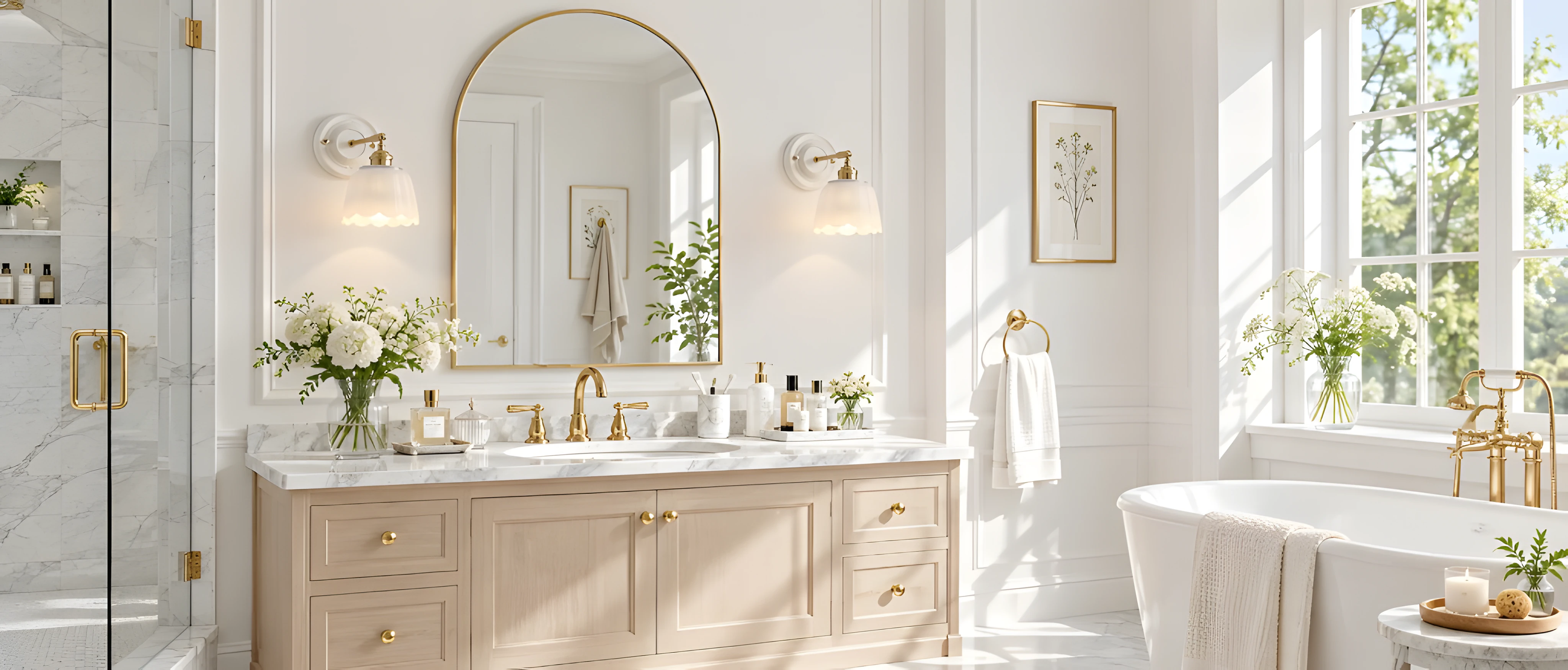 White scalloped flower wall sconces beside a bathroom mirror