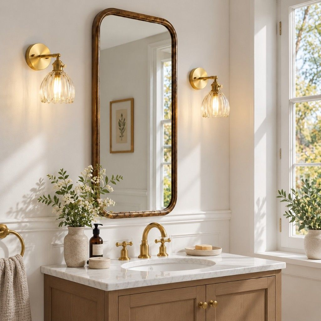 Transparent lotus glass wall lights flanking a bathroom mirror