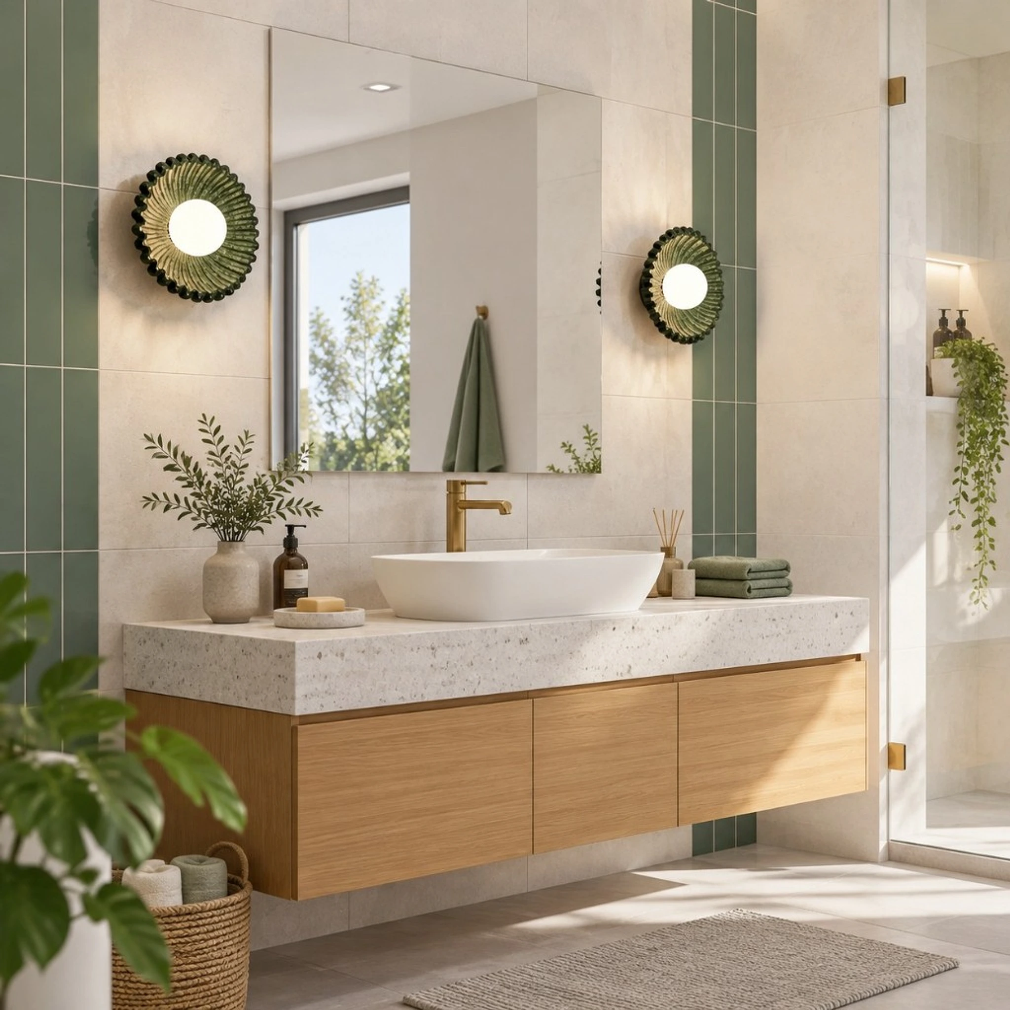 Dark green ceramic flower wall lights in a wide bathroom