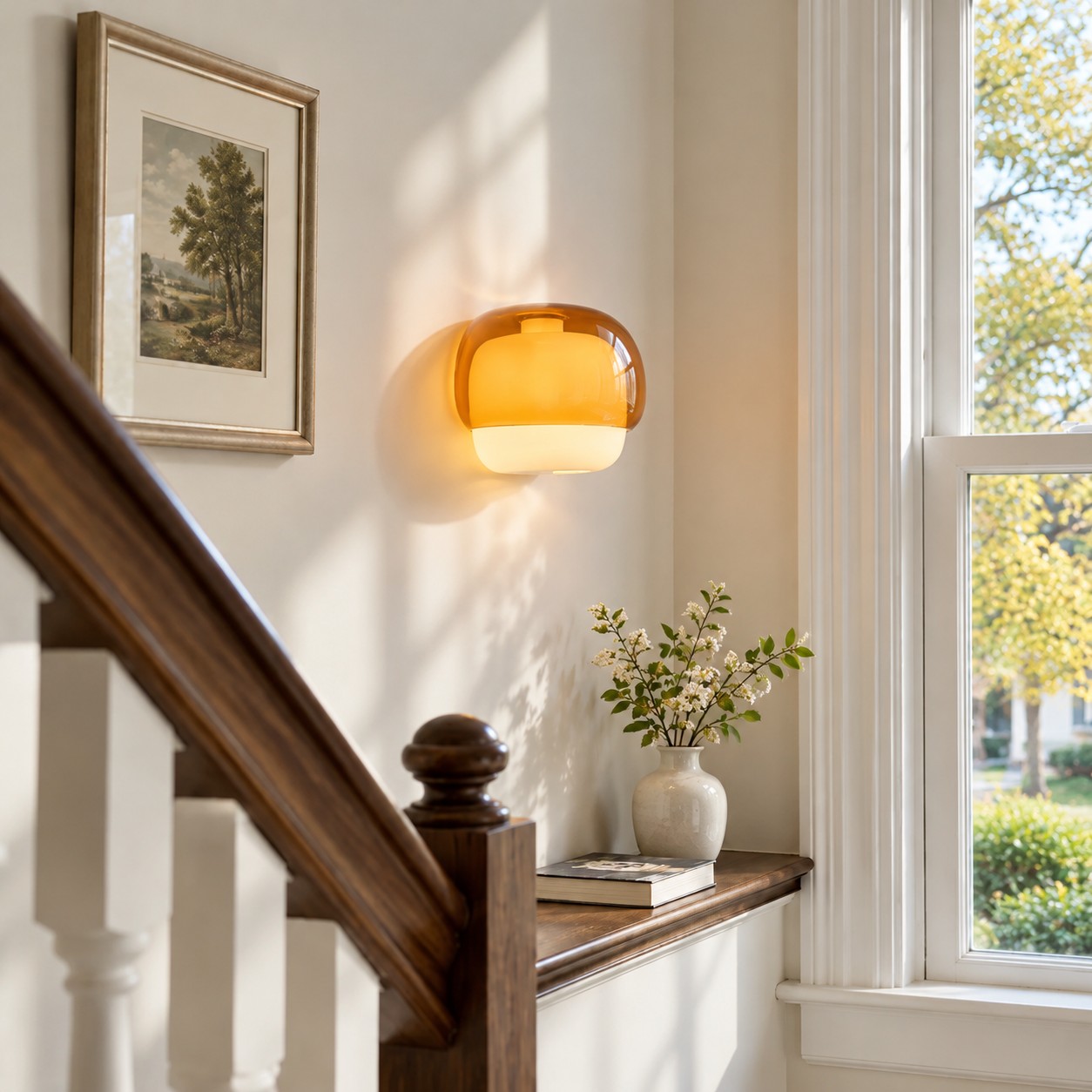 Orvenis orange wall light on a staircase