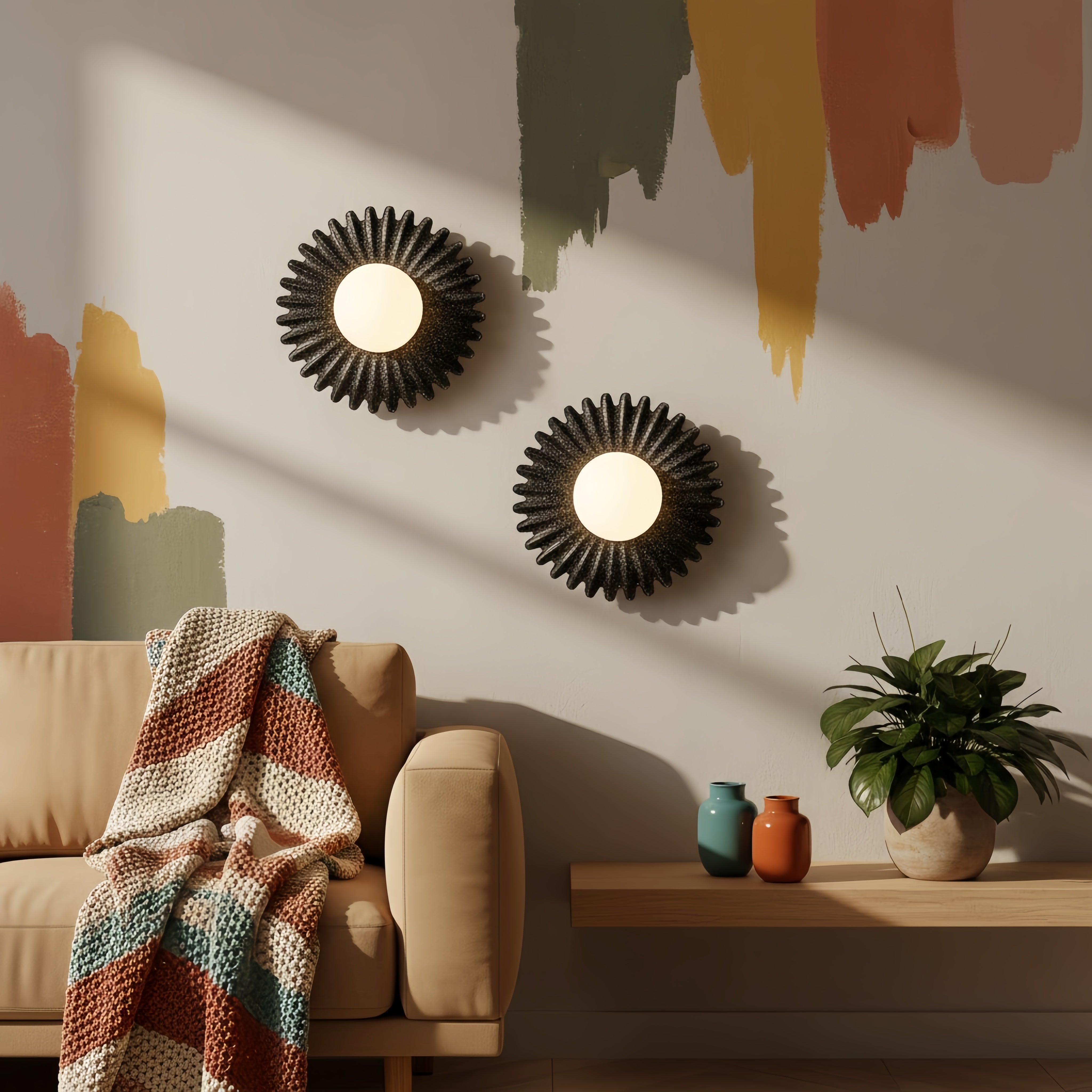 Cement black flower wall lights above a sofa