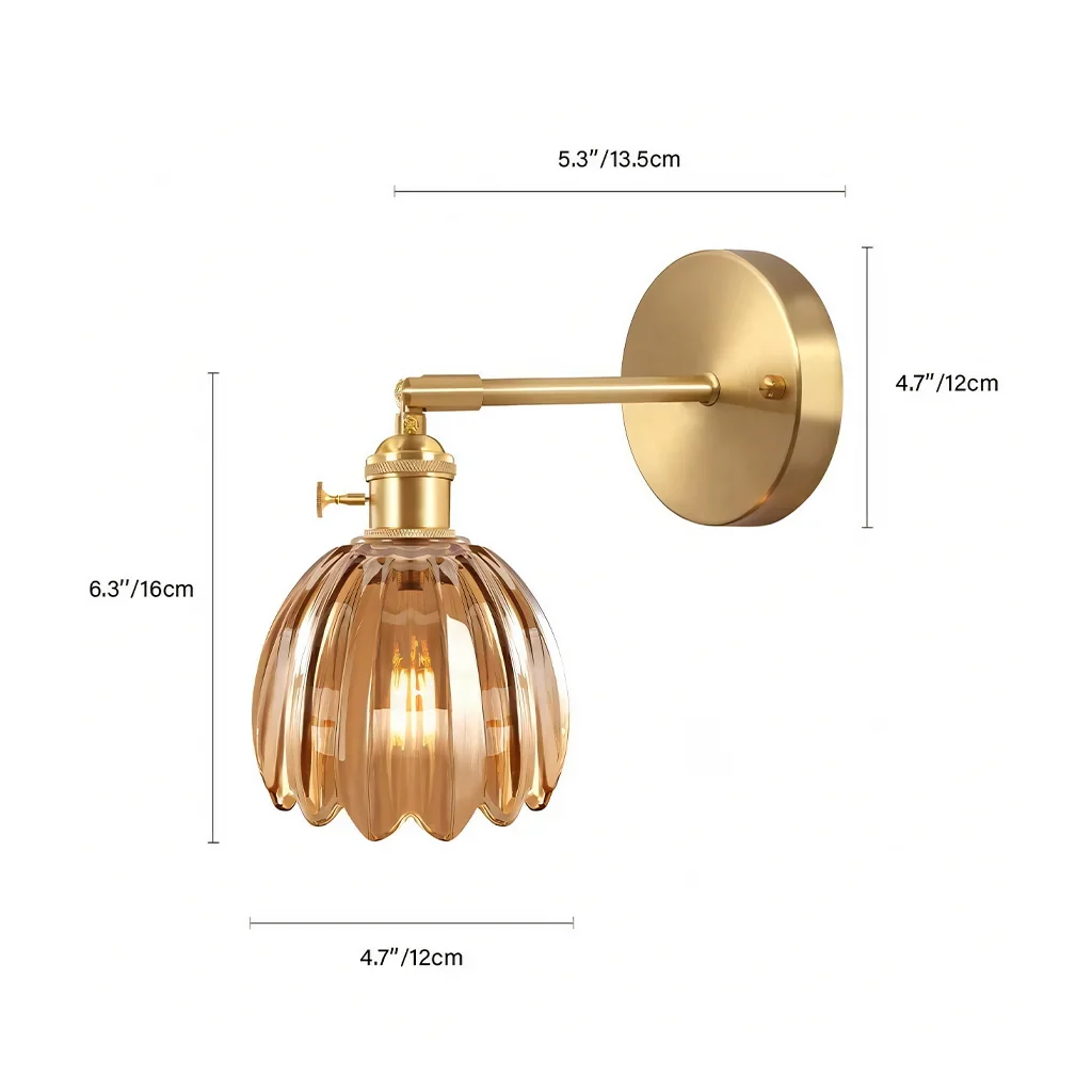 Freya lotus glass wall light dimensions: shade 4.7 by 6.3 inches, arm 5.3 inches, canopy 4.7 inches