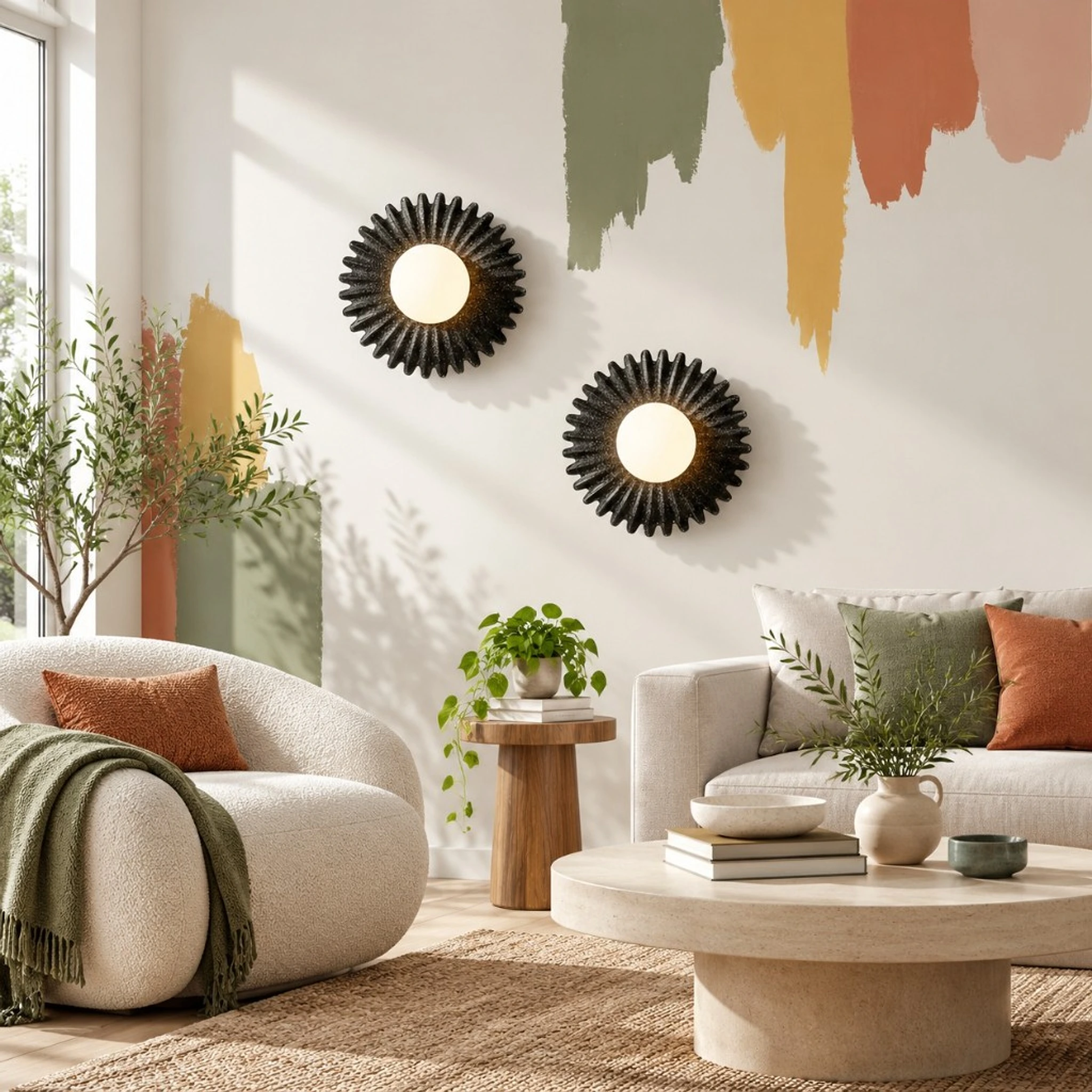 Cement black flower wall lights in a living room