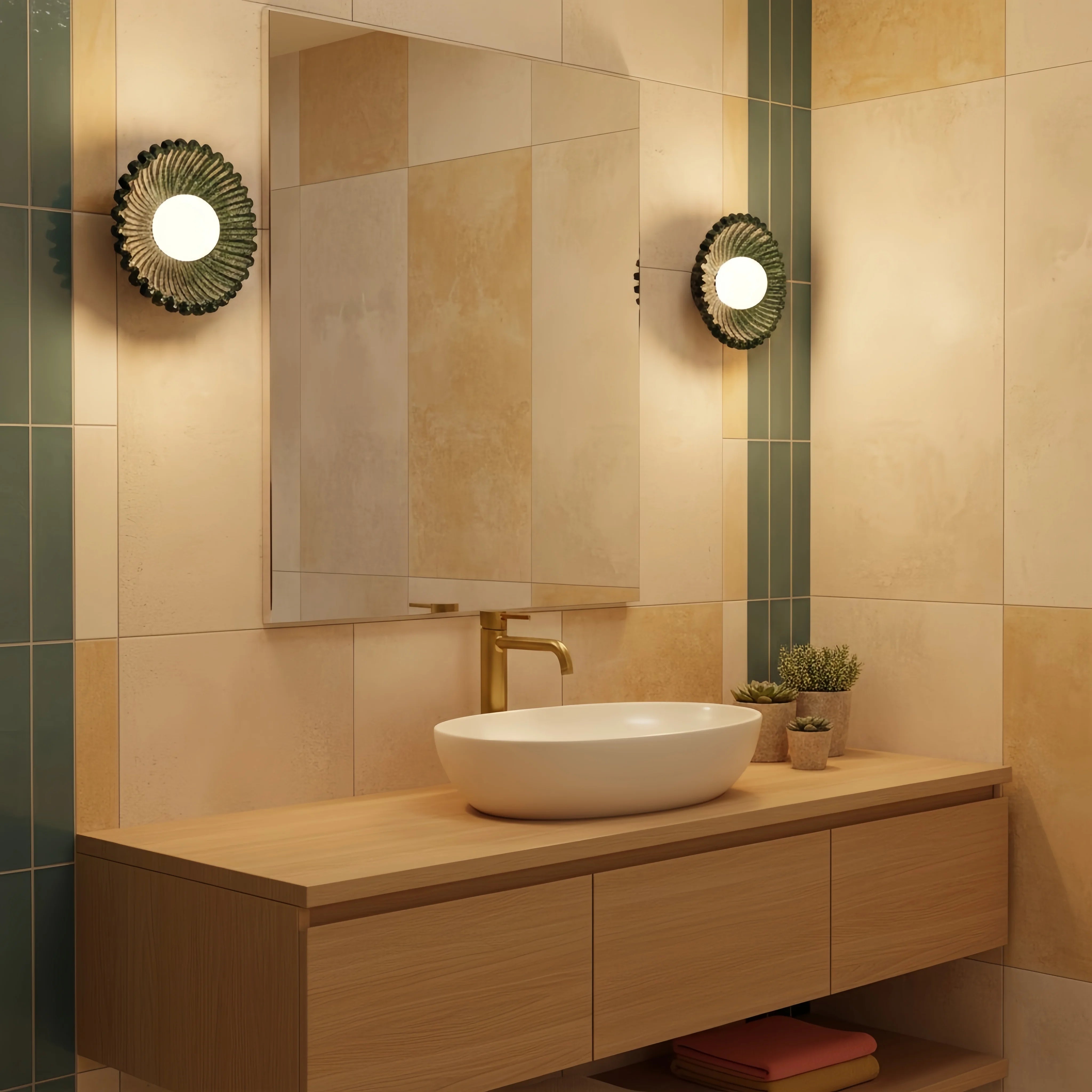 Dark green ceramic flower wall lights flanking a bathroom mirror