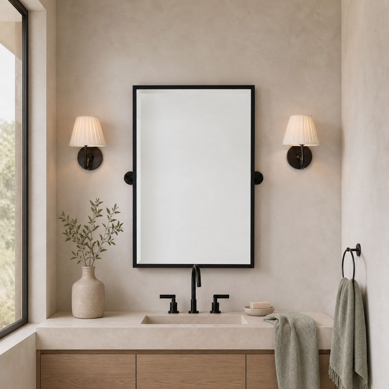 Matte black white pleated 1-Light Luvora wall lamps beside a bathroom mirror