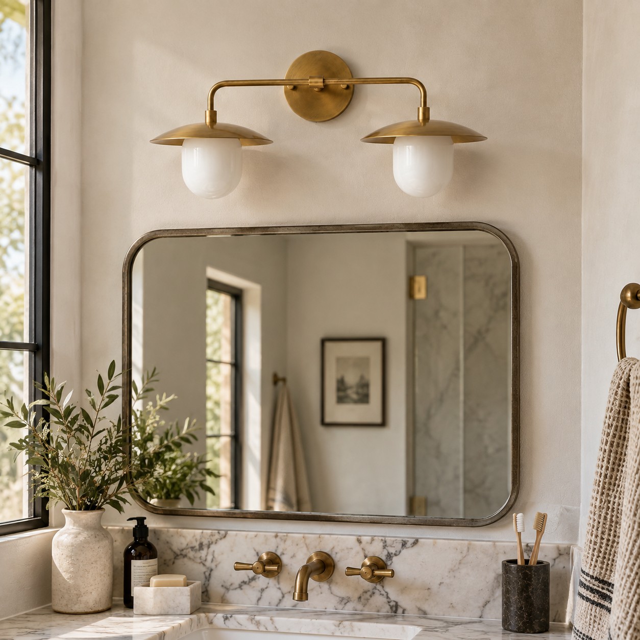 Sculptural Glass Wall Sconce with a brass finish and one to three lights