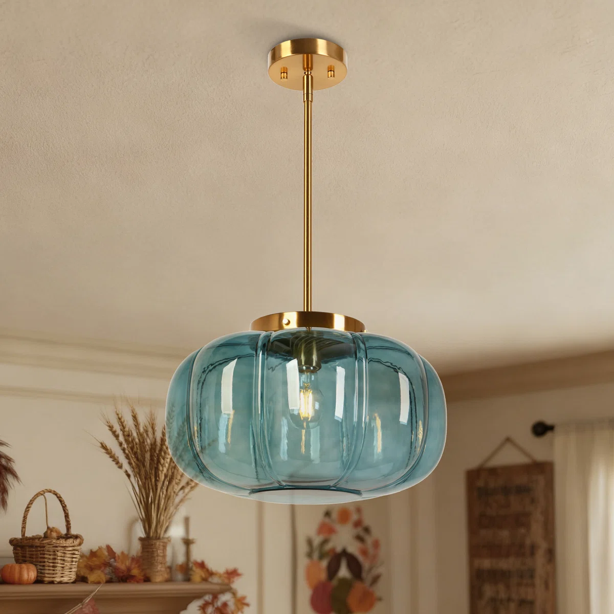Ribbed Glass Dome Pendant with blue or clear glass and one light