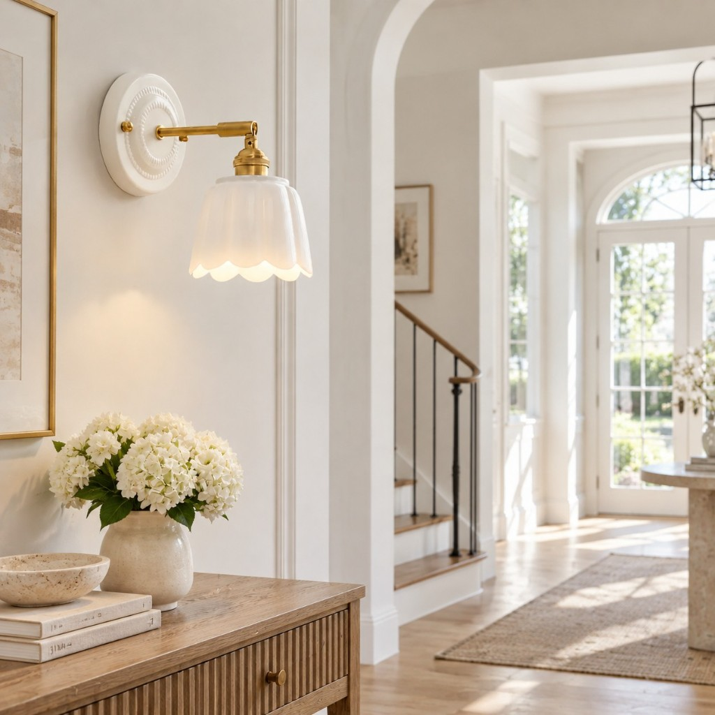 White scalloped flower wall sconce above a hallway console