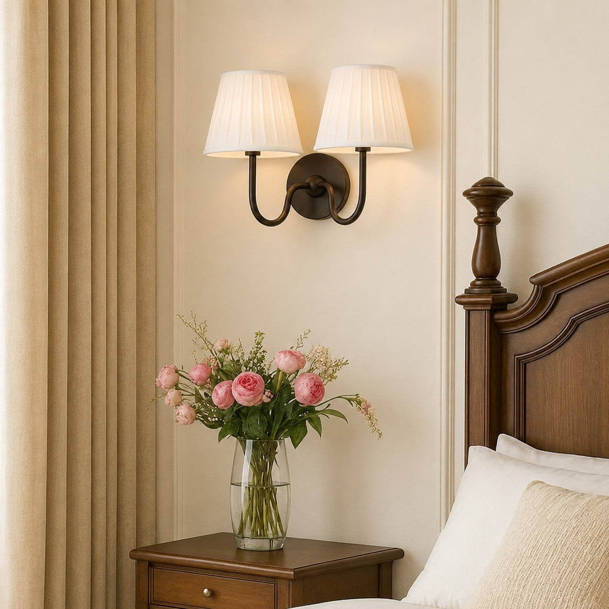 Matte black white pleated 2-Light Luvora wall lamp in a bedroom