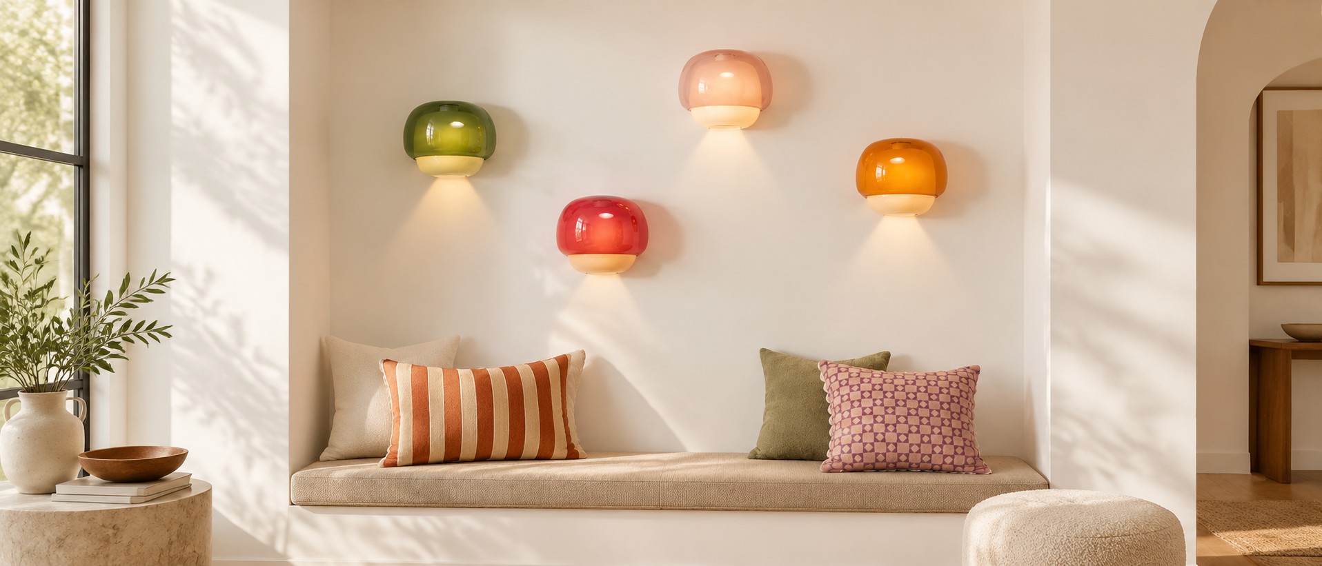 Orvenis Macaron-Wandleuchte aus farbigem Glas in einem hellen Interieur