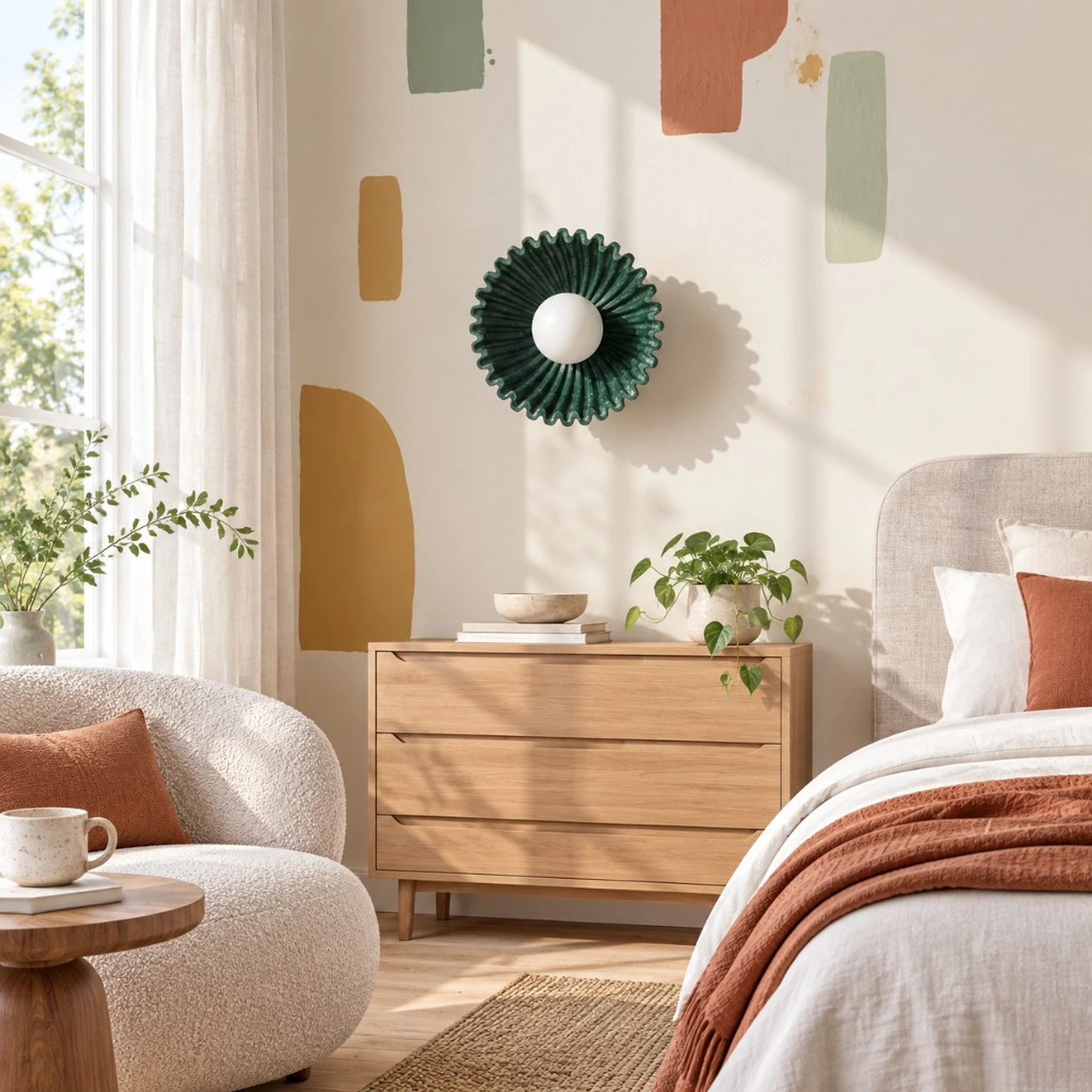 Dark green ceramic flower wall light above a bedroom dresser