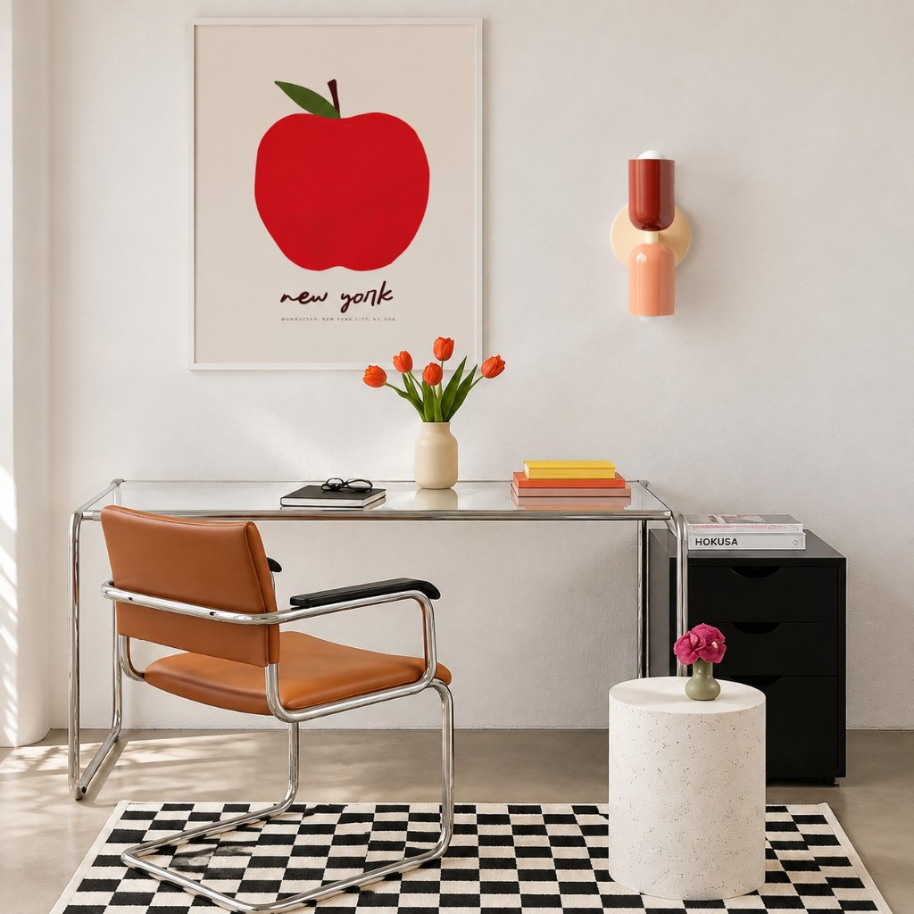 Pink and red capsule wall sconce above a desk
