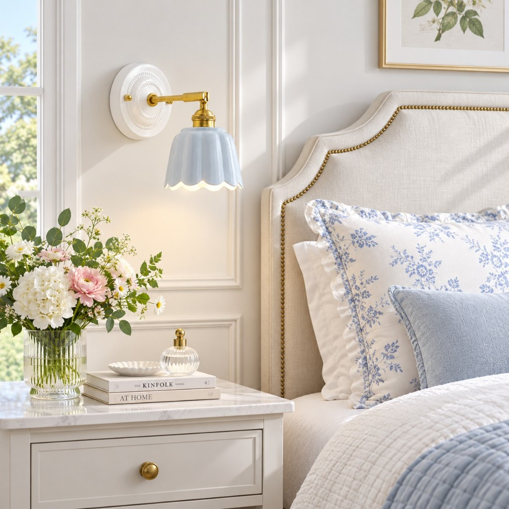 Blue scalloped flower wall sconce above a bedroom nightstand