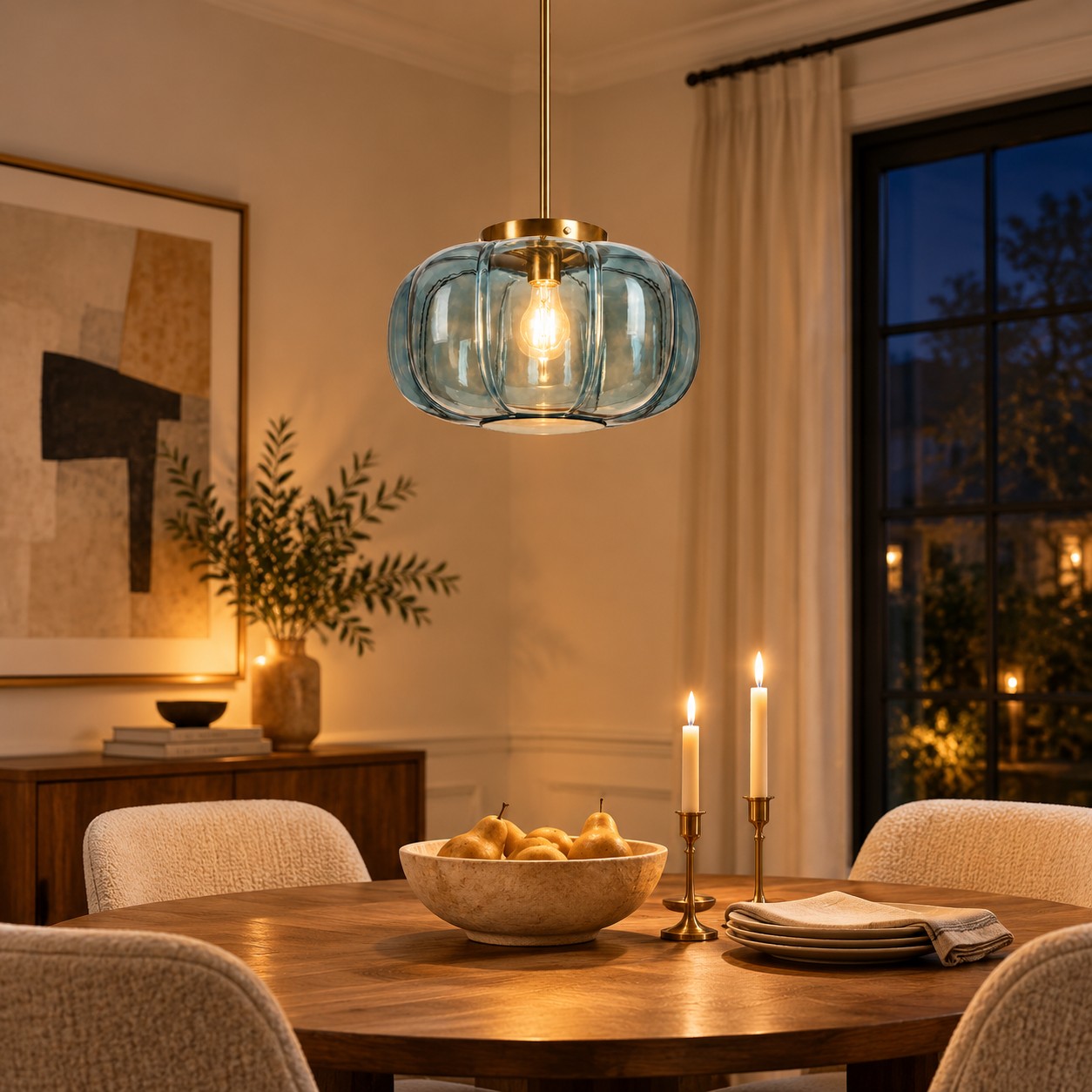Ribbed Glass Dome Pendant with blue or clear glass and one light