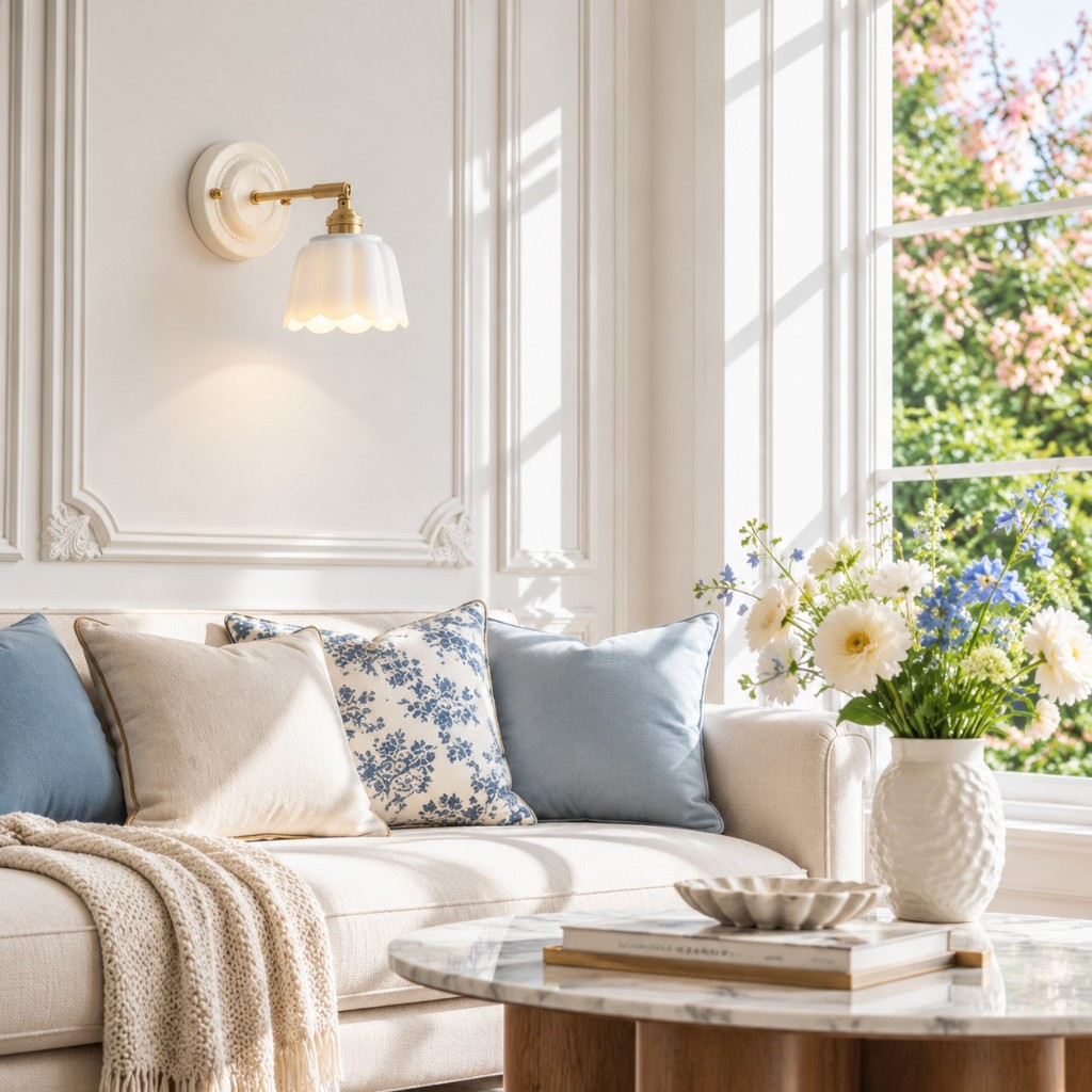 White scalloped flower wall sconce above a sofa
