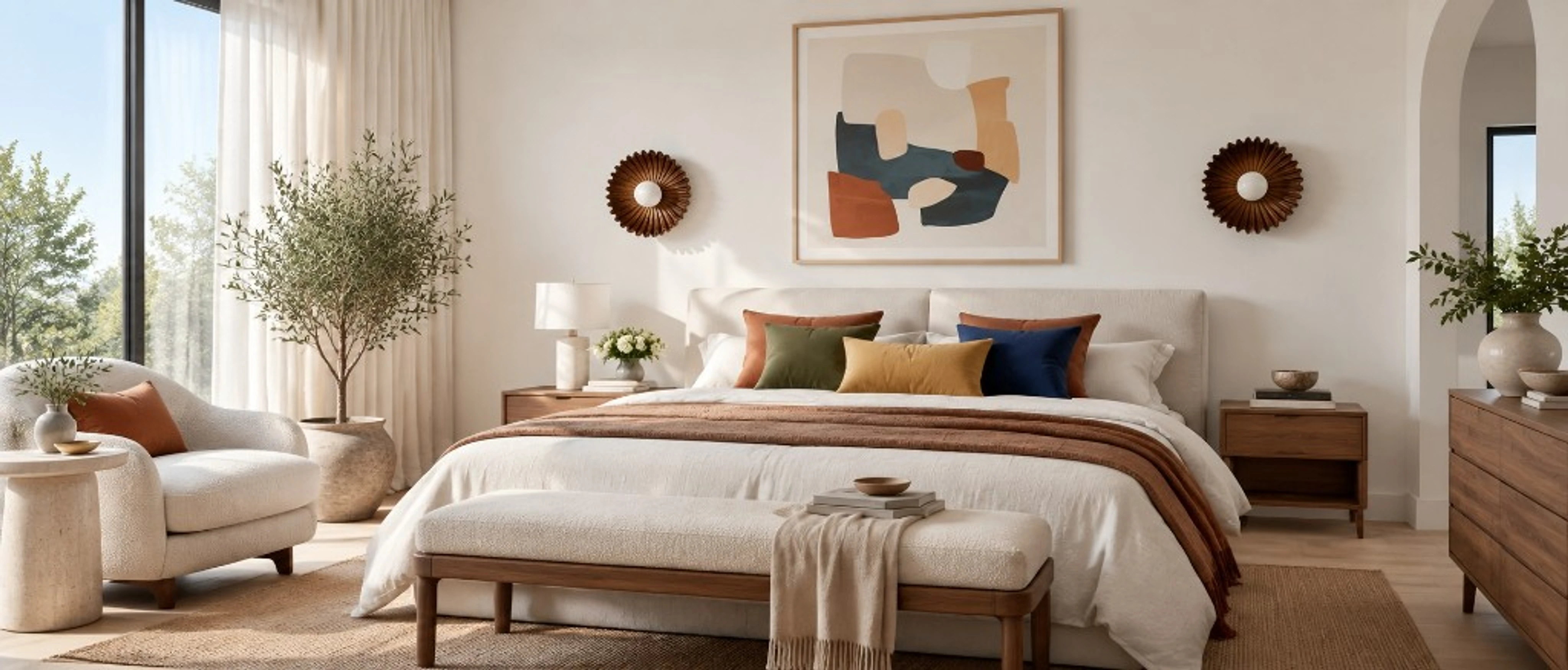 Brown ceramic flower wall lights in a wide bedroom
