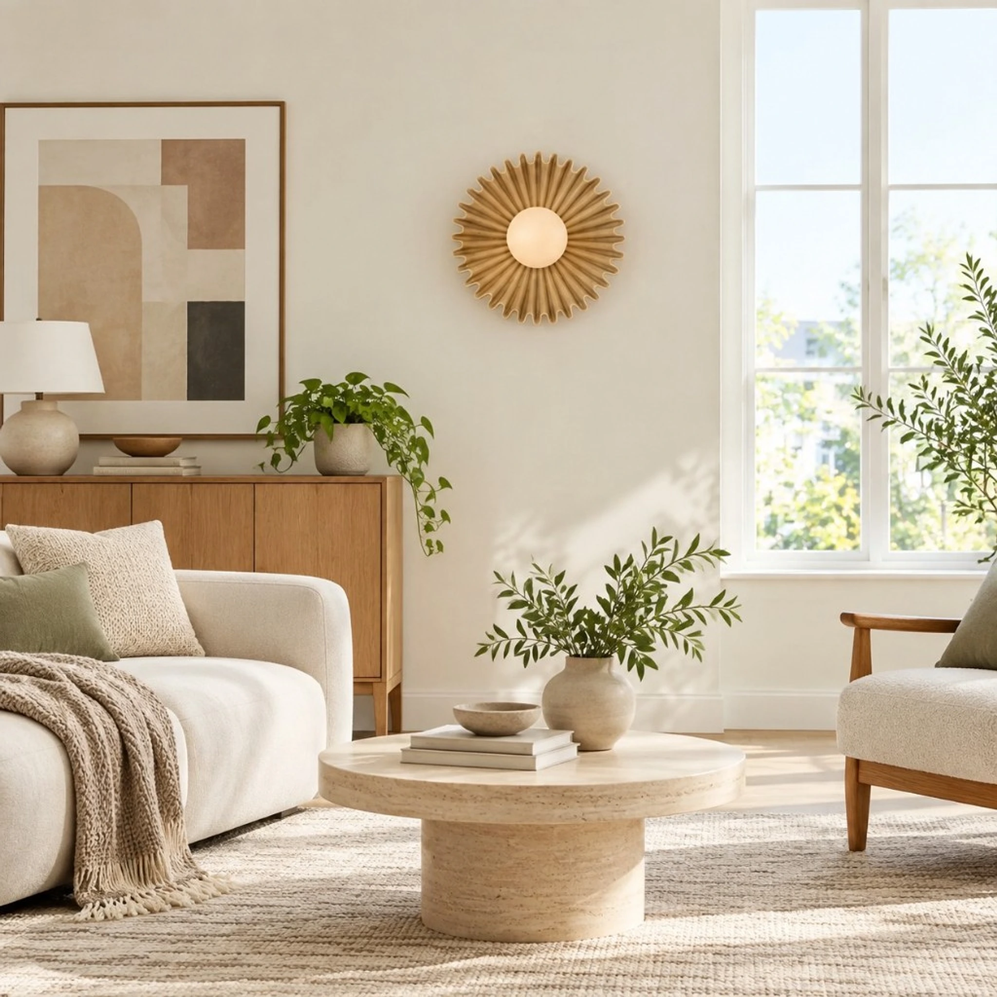 Beige ceramic flower wall light in a living room
