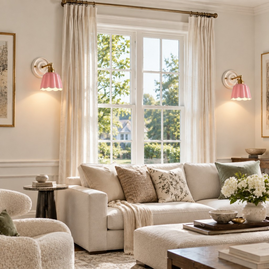 Pink scalloped flower wall sconces beside a living room window