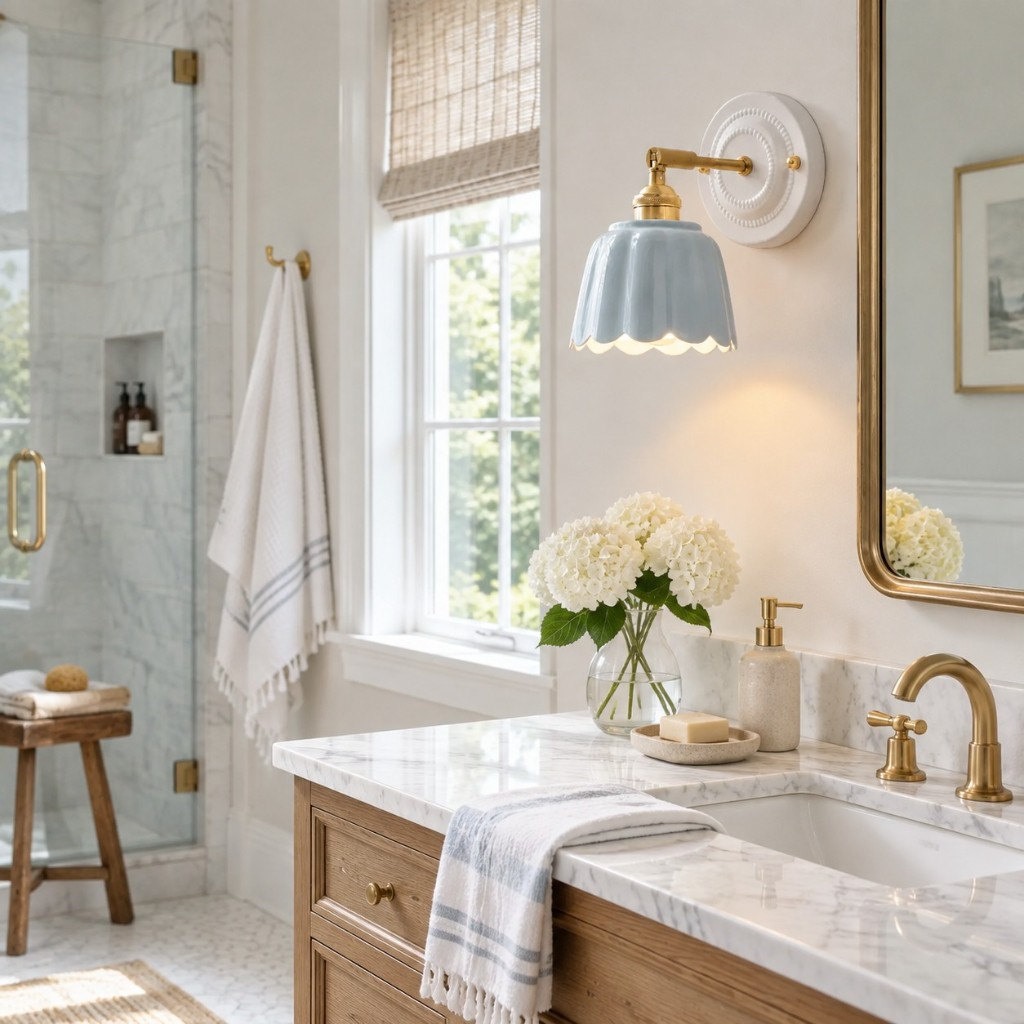 Blue scalloped flower wall sconce above a bathroom vanity