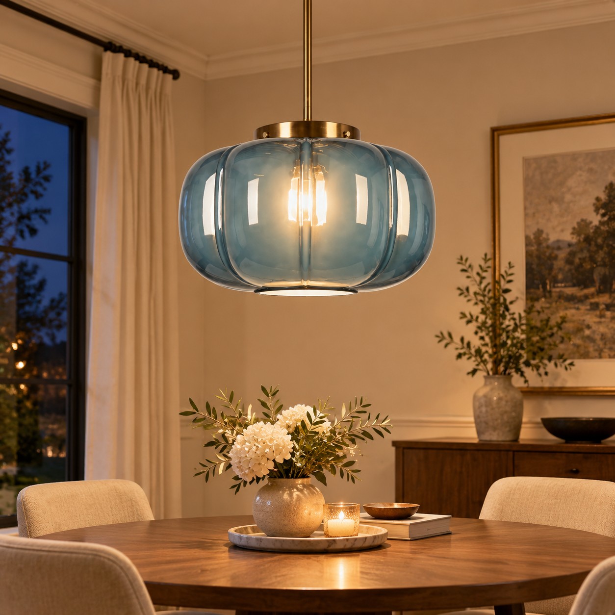 Ribbed Glass Dome Pendant with blue or clear glass and one light