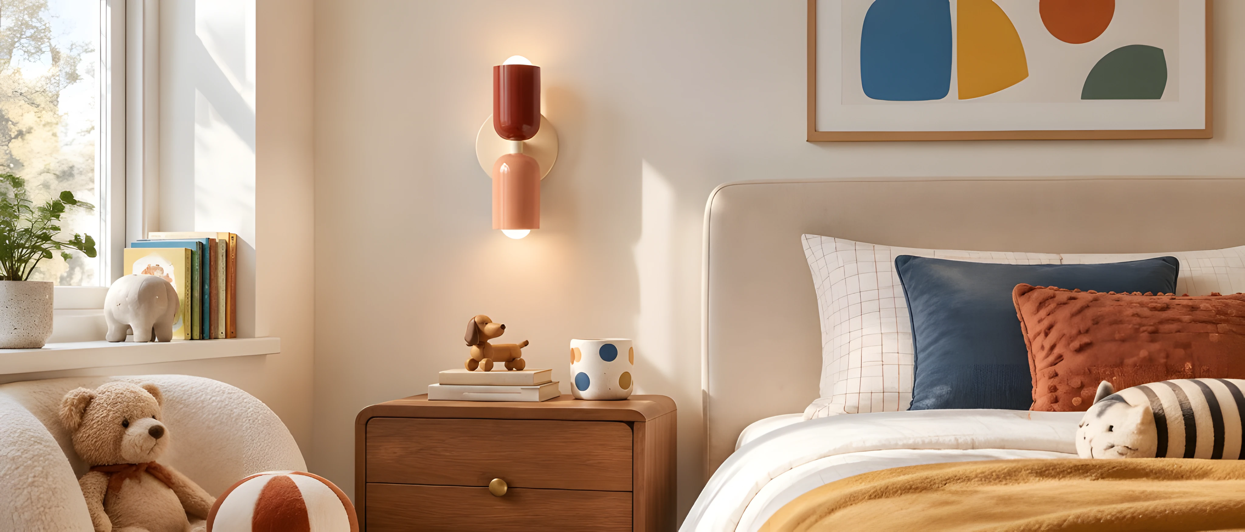 Pink and red capsule wall sconce beside a bed