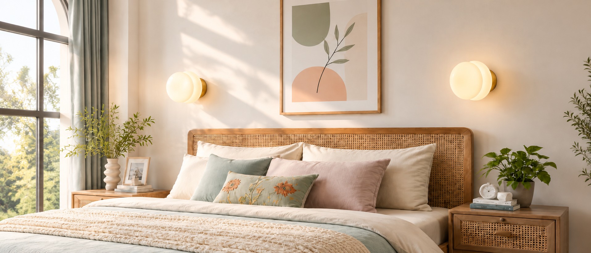 Pyris opal glass wall lights in a warm bedroom
