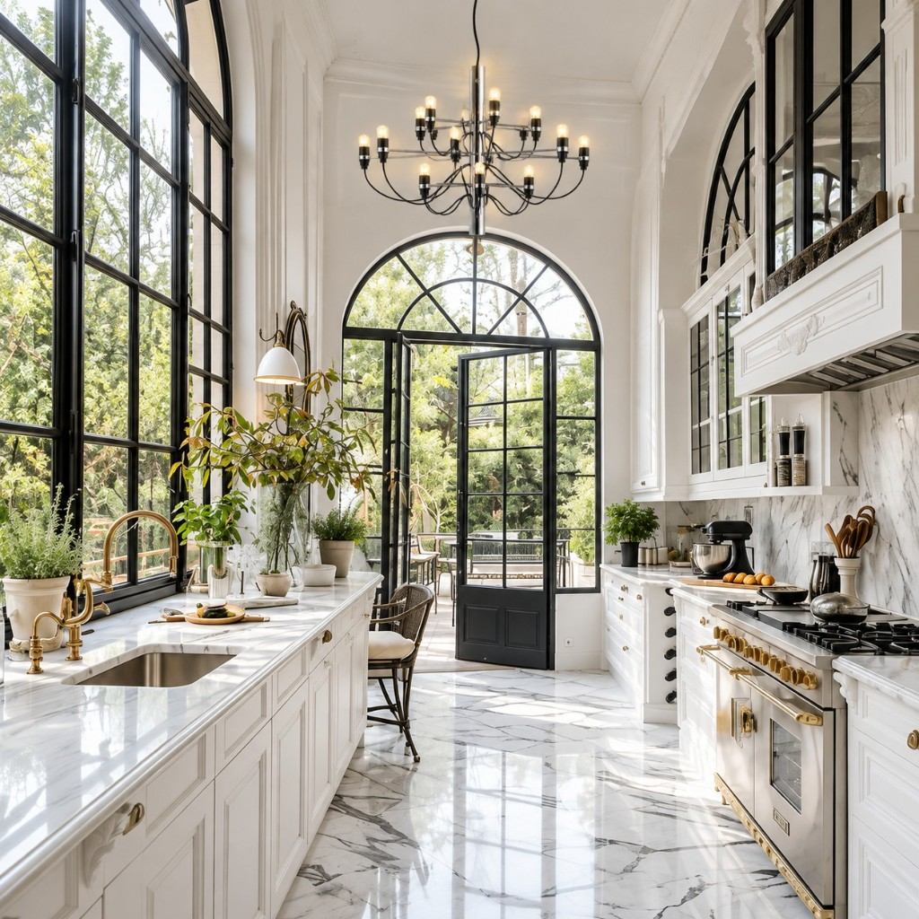 Chrome chandelier in a kitchen