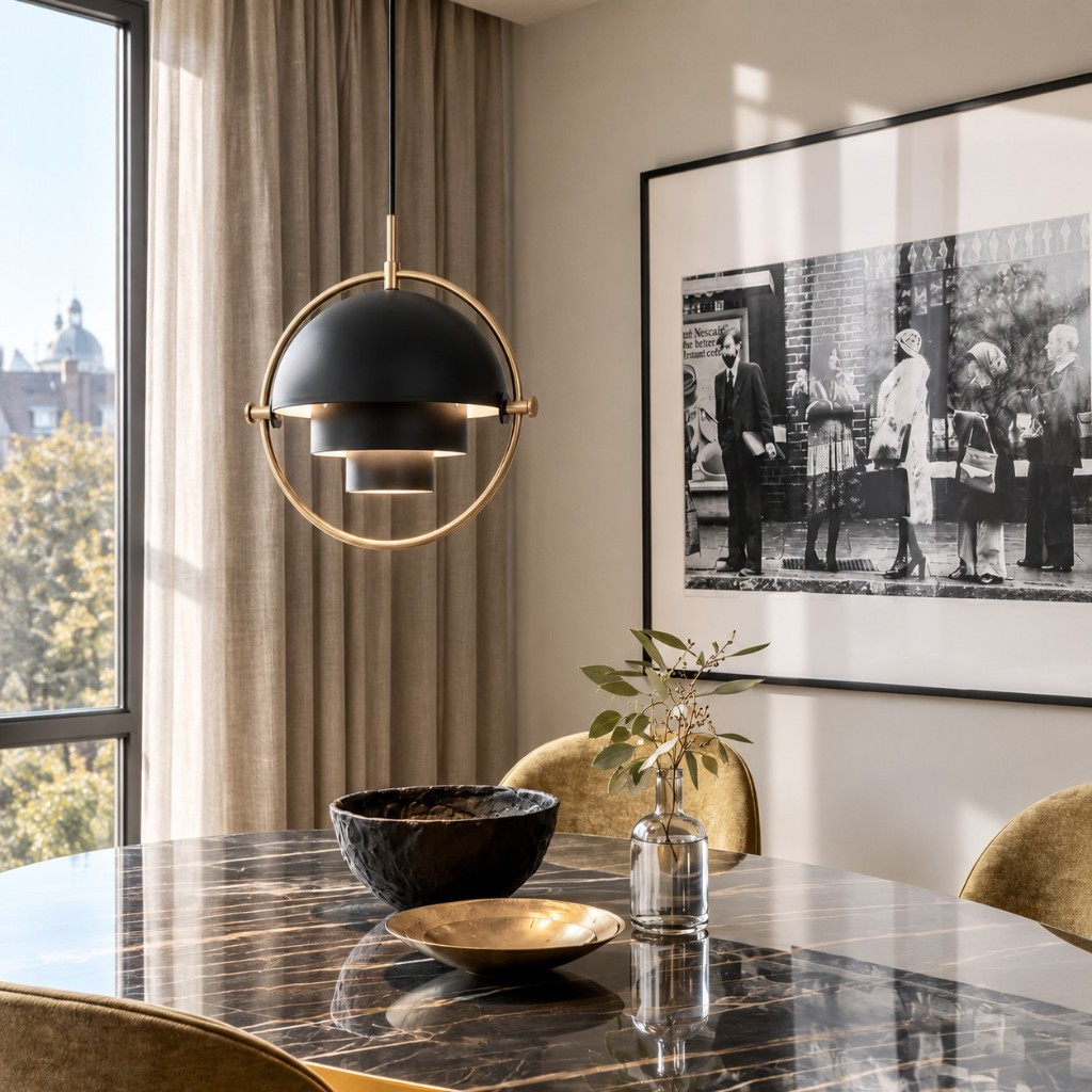 Black layered dome pendant close over a dining table
