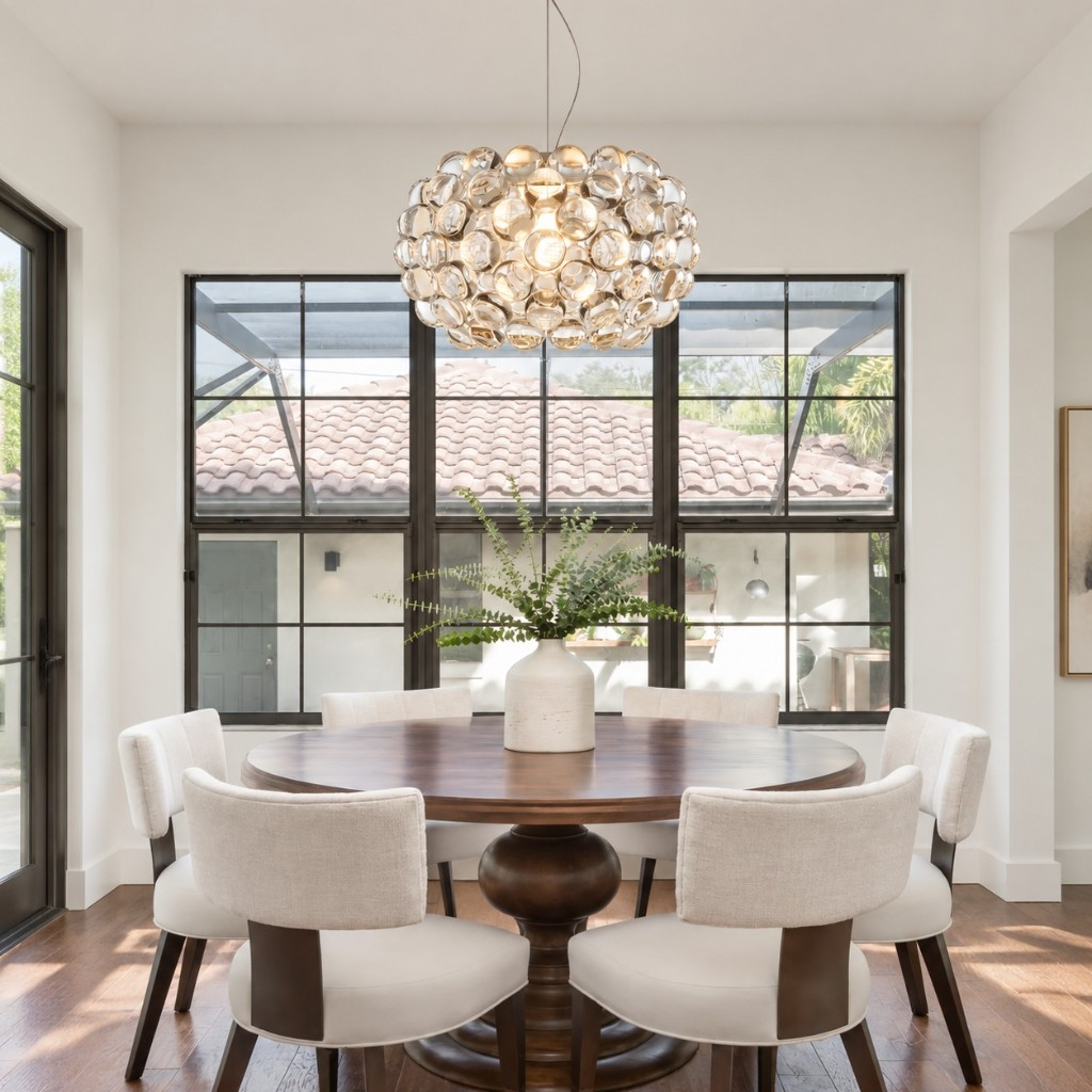 Transparent crystal sphere pendant over a wood dining table