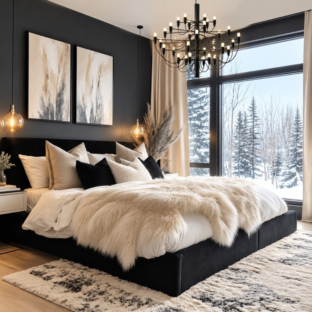 Matte black chandelier above a bed