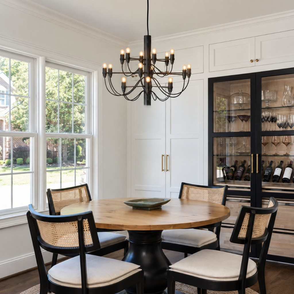 Matte black chandelier above a round dining table