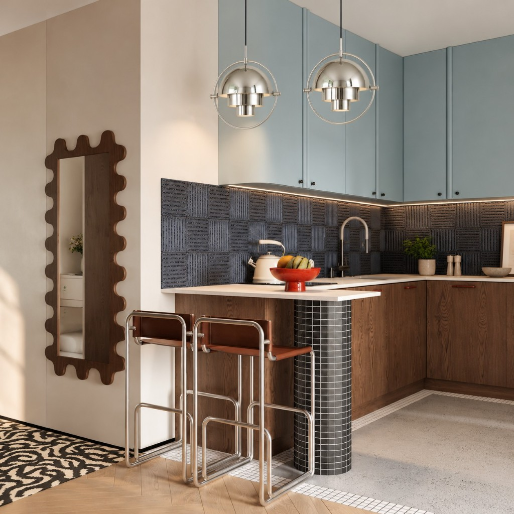 Chrome layered dome pendants above a kitchen counter