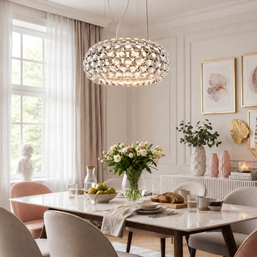 Transparent crystal sphere pendant over a marble dining table