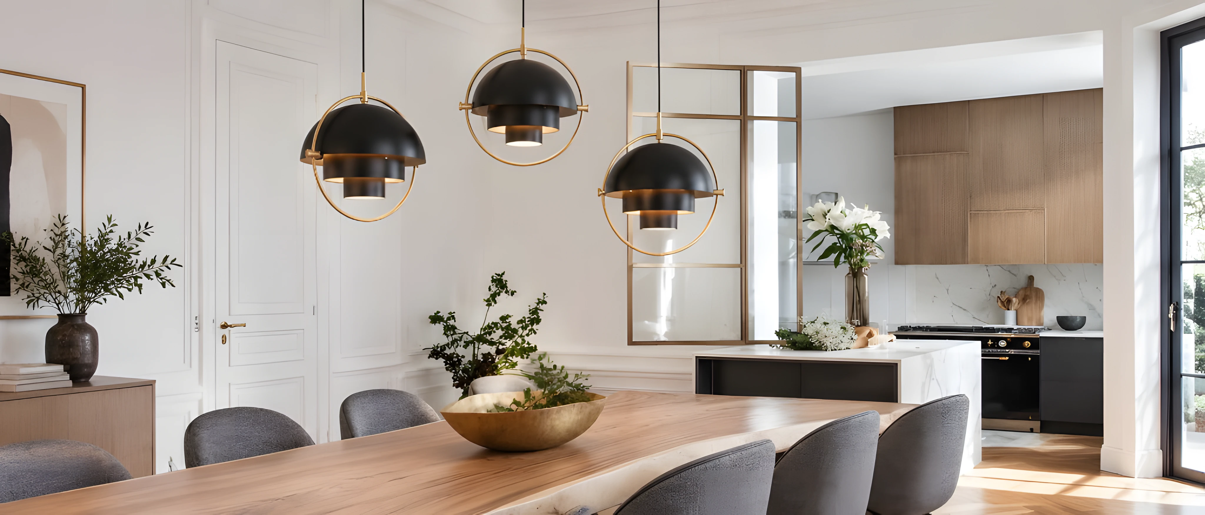 Black layered dome pendant lights above a dining table
