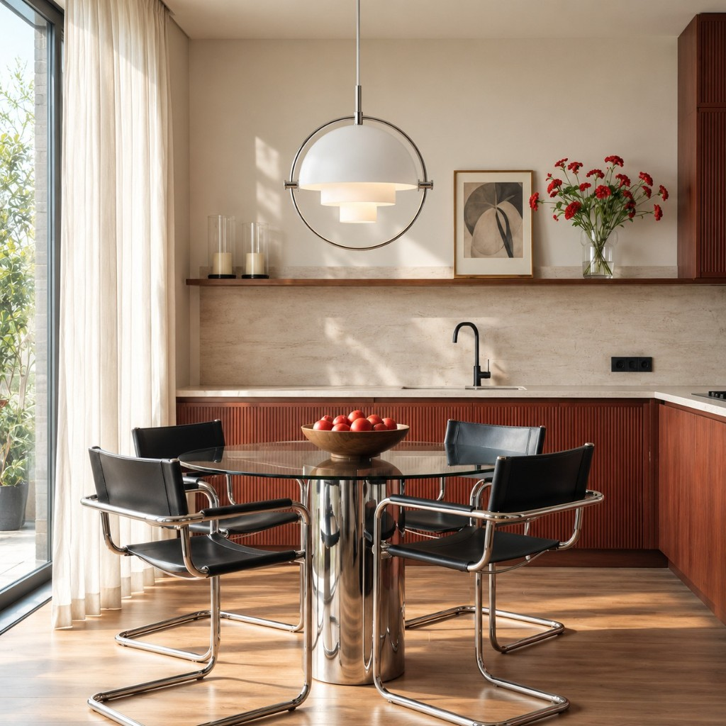 White layered dome pendant above a glass dining table