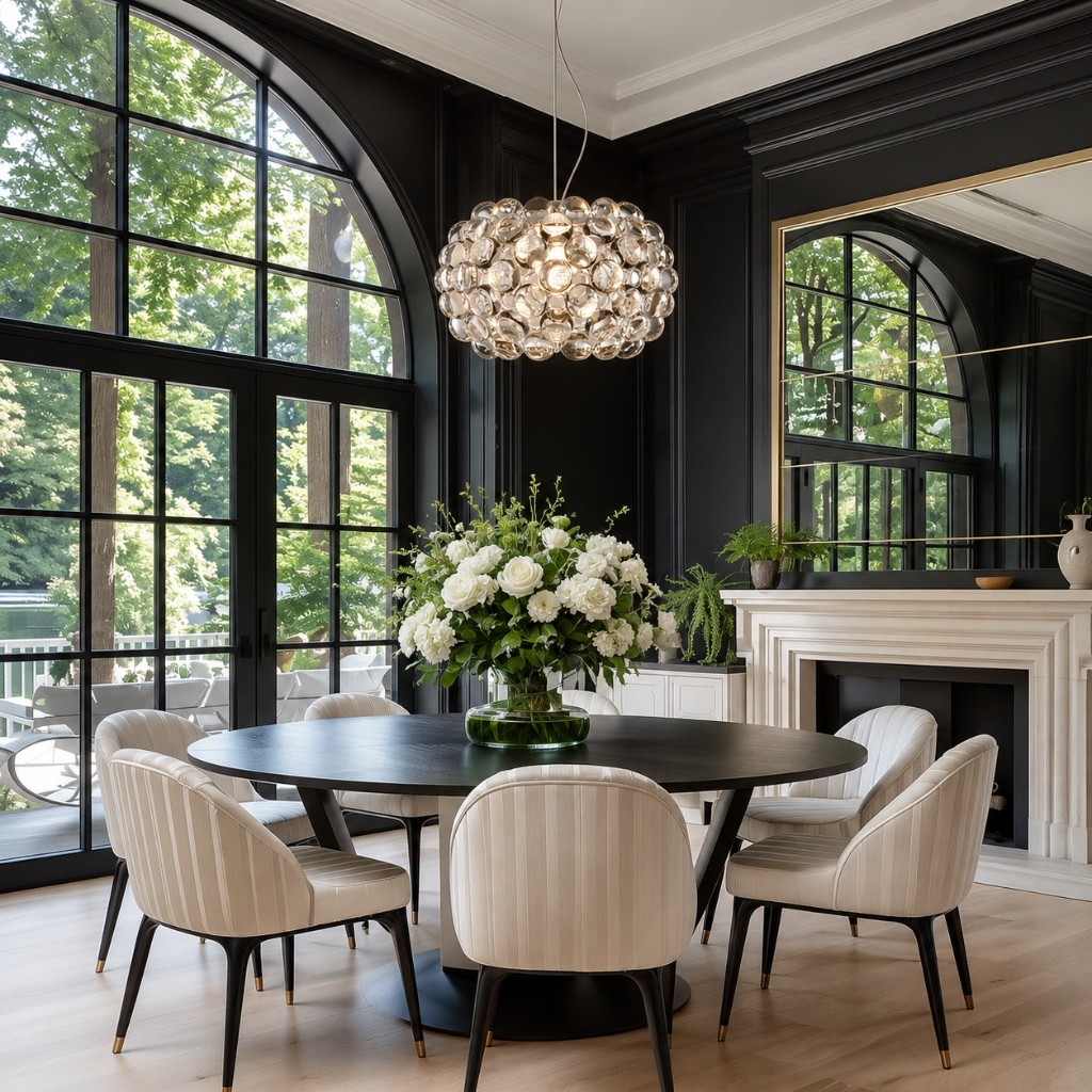 Transparent crystal sphere pendant in a black dining room