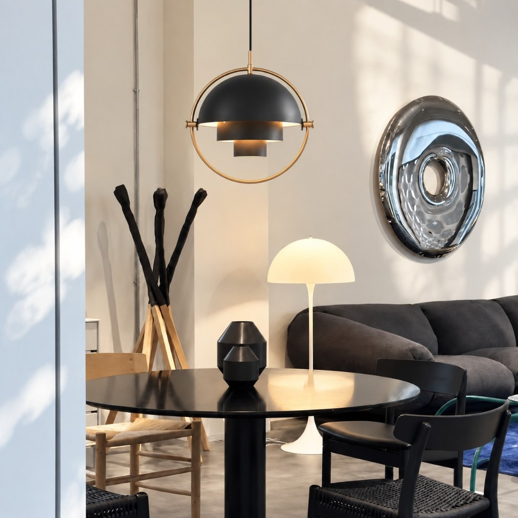 Black layered dome pendant above a dining table