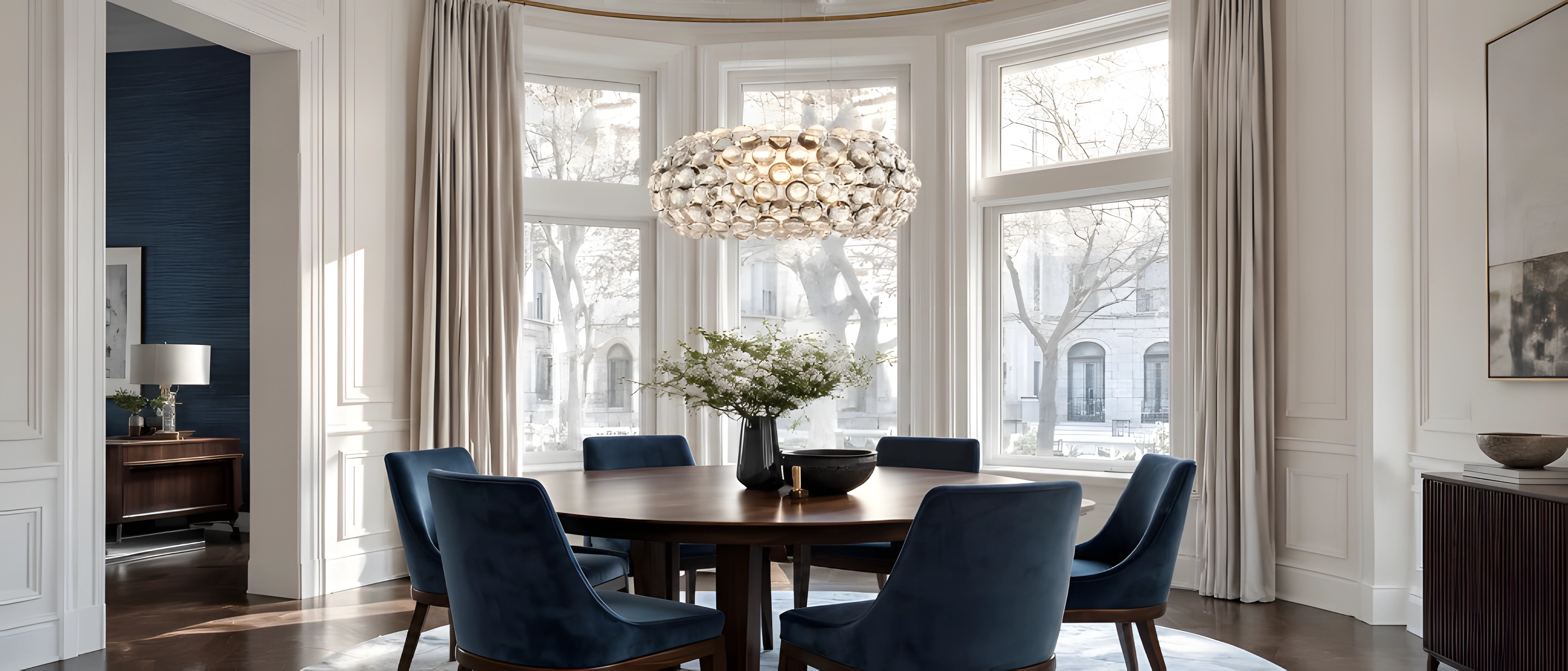 Transparent crystal sphere pendant over a bay-window dining table