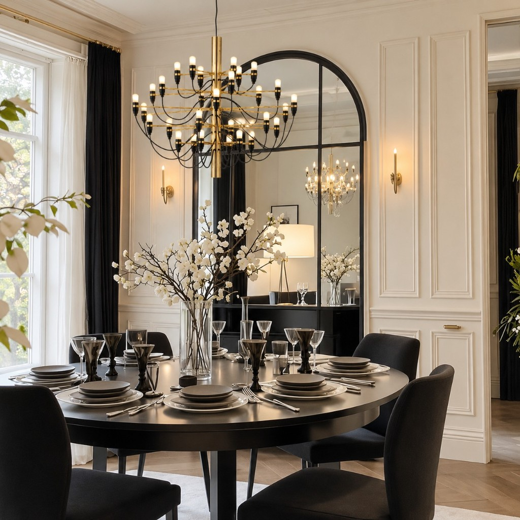 Brass chandelier above a dining table
