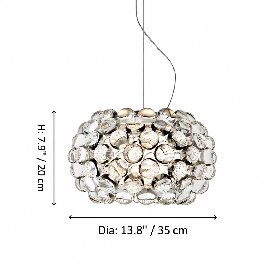 Crystal sphere pendant dimensions, diameter 13.8 inches / 35 cm, height 7.9 inches / 20 cm