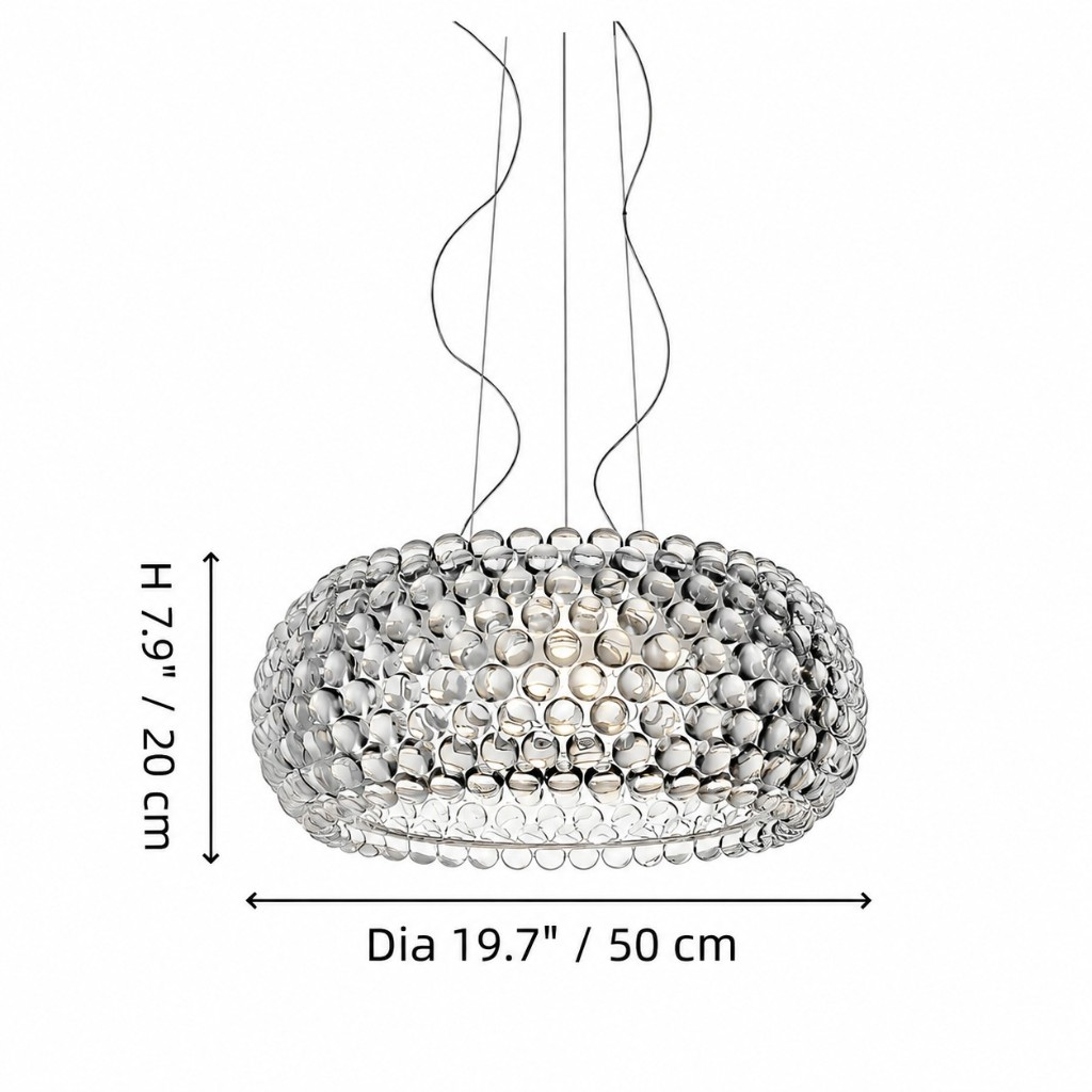 Crystal sphere pendant dimensions, diameter 19.7 inches / 50 cm, height 7.9 inches / 20 cm