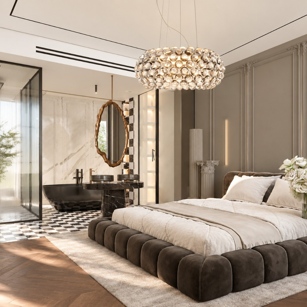 Transparent crystal sphere pendant in a bedroom suite