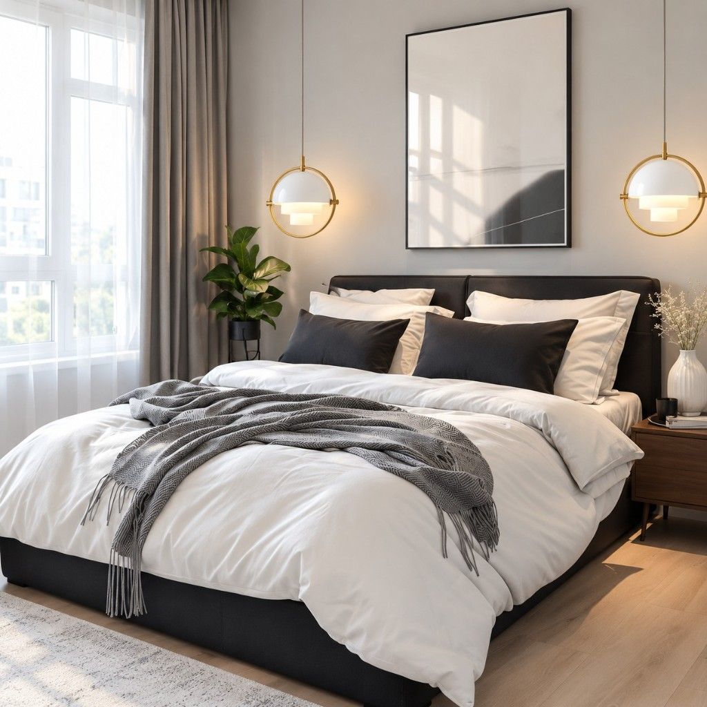 White layered dome pendants beside a bed
