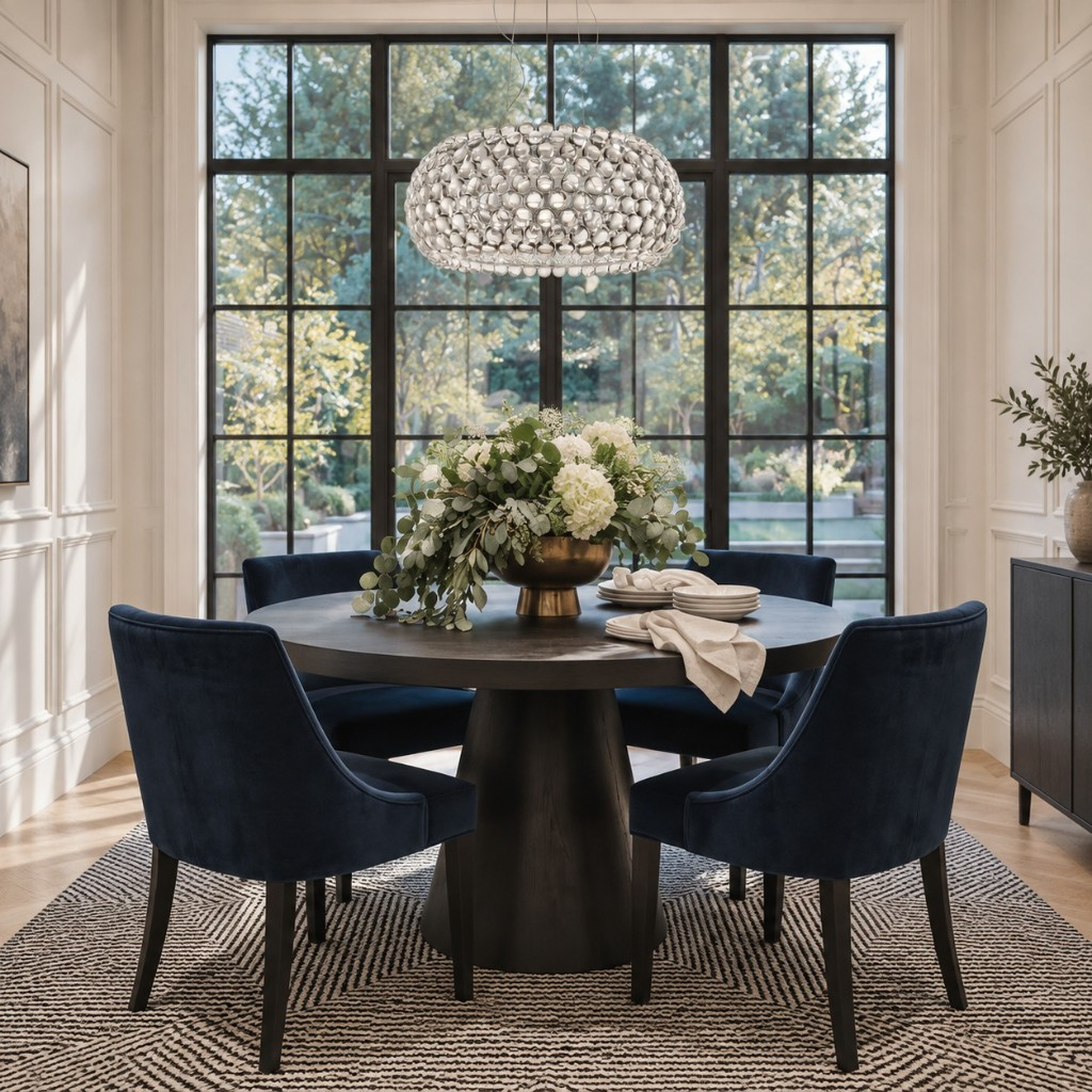 Transparent crystal sphere pendant over a dark round dining table