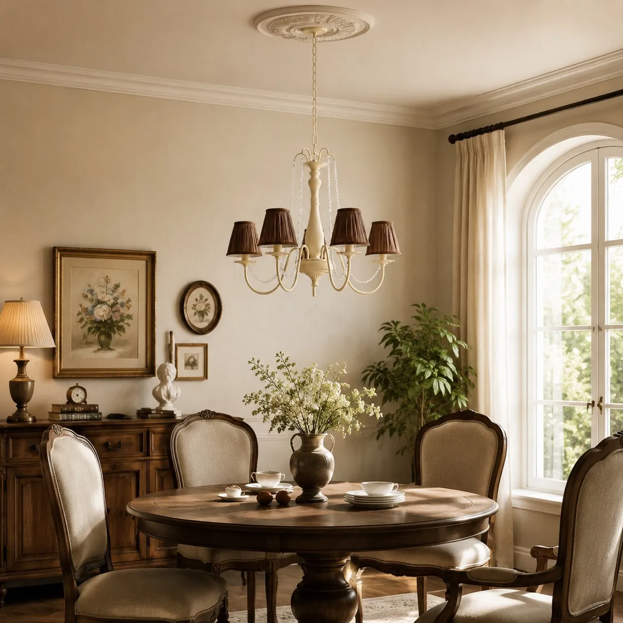 Brown-shade chandelier suspended in a warm traditional dining room