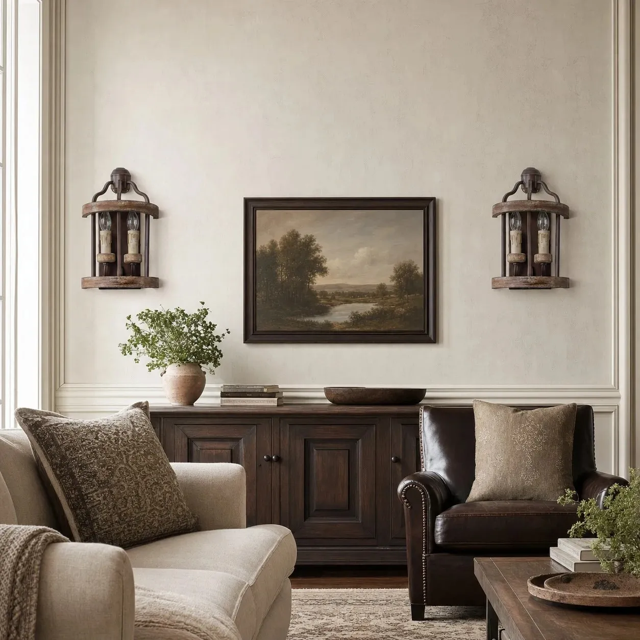 Rustic wall sconces in a living room wall setting