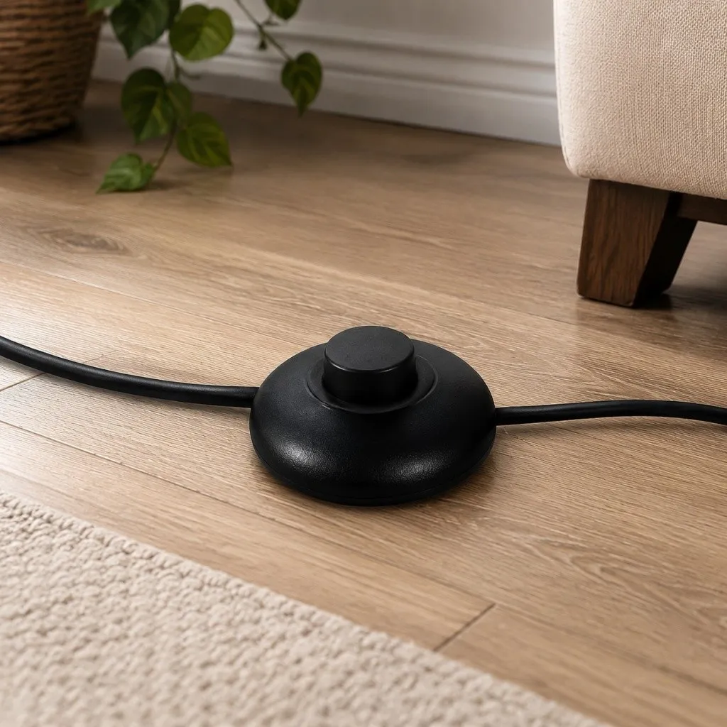 Black floor switch on lamp cord detail
