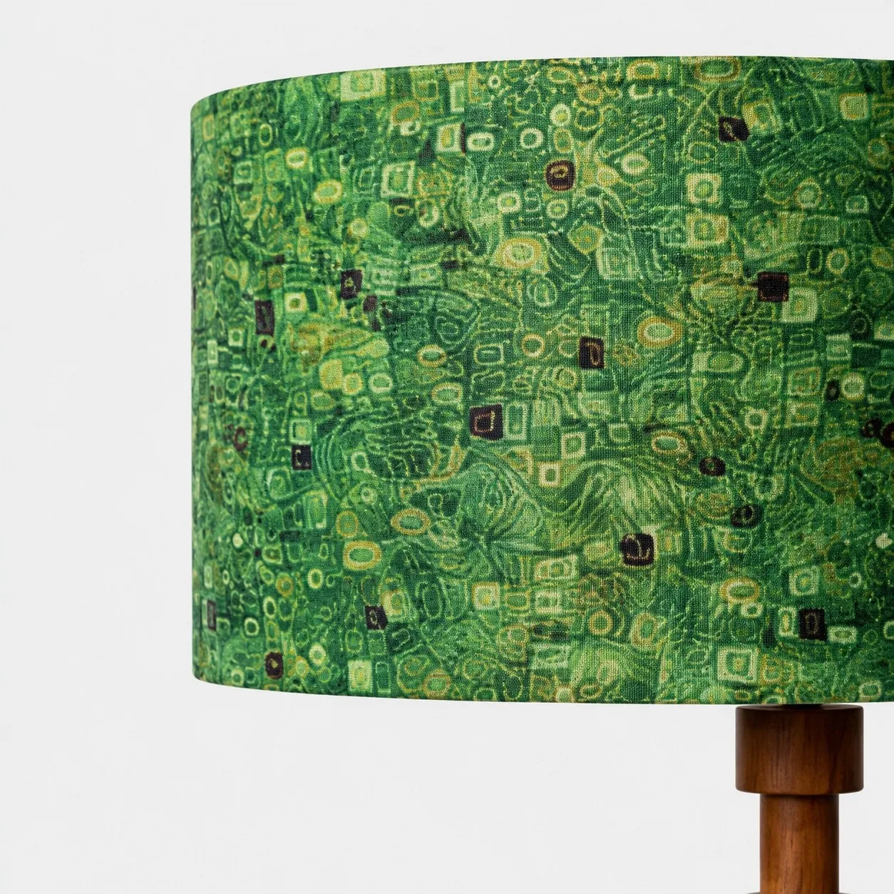 Close side view of patterned fabric drum shade