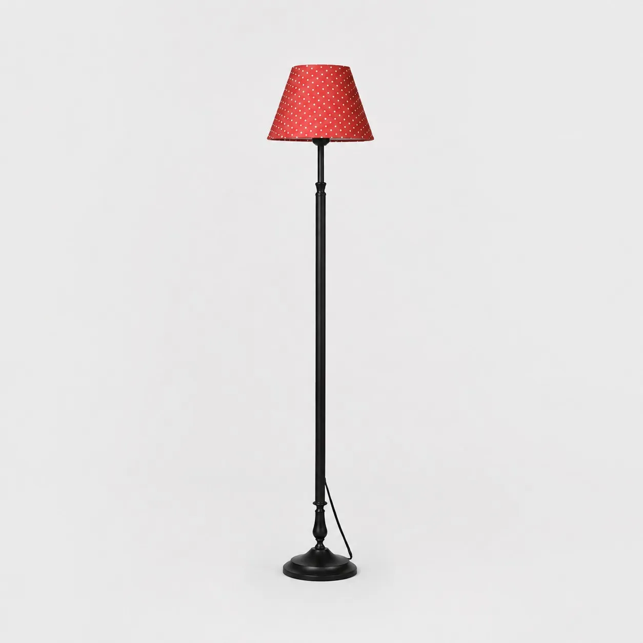 Vintage black iron floor lamp with vintage red polka dot shade