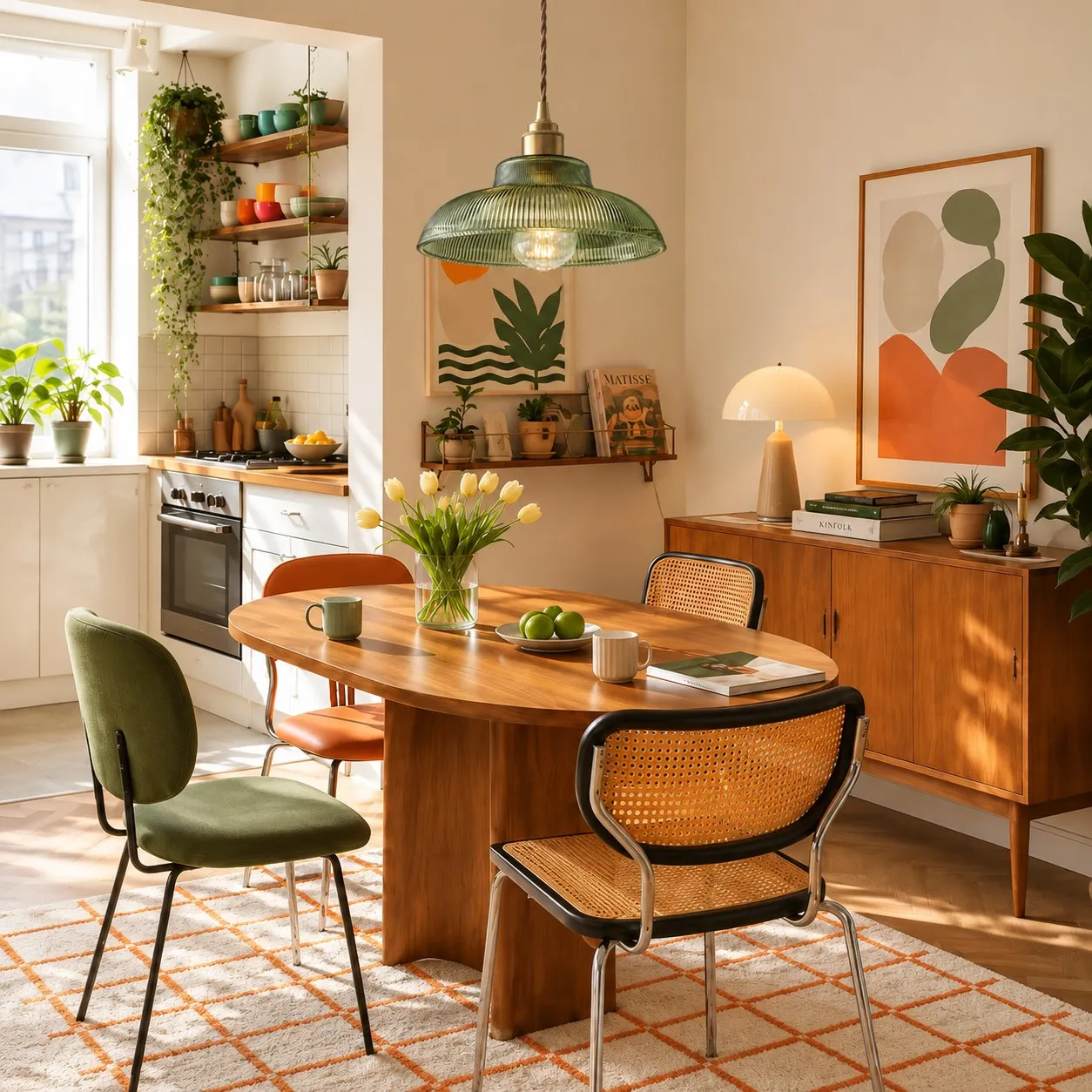 Green pendant light in a dining room
